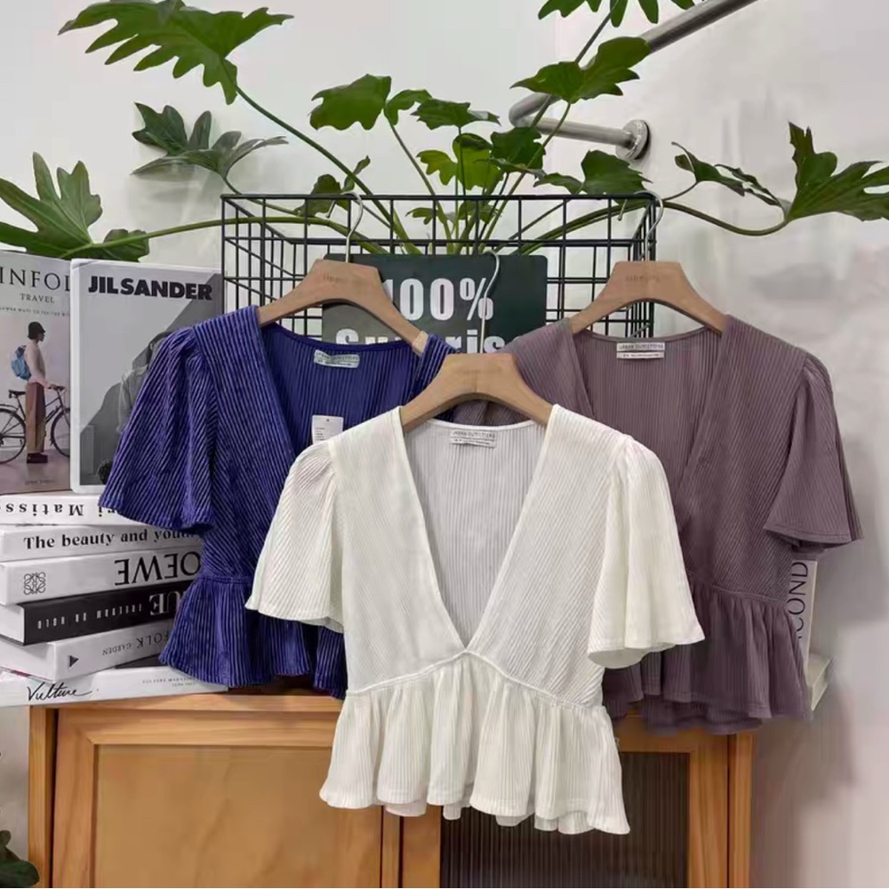 Urban Outfitters Ruffle V-Neck Top Cream